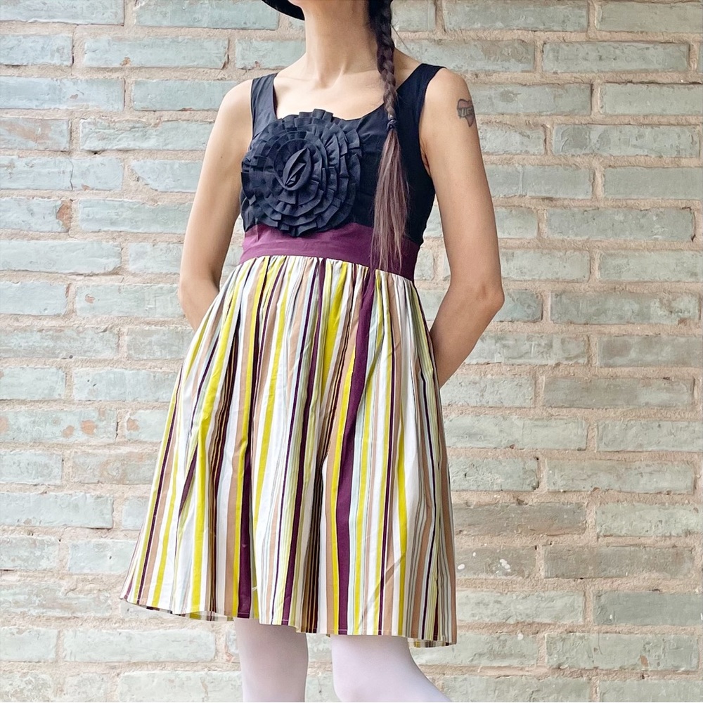 Anthropologie Burlapp Dress Cotton Rosette Striped Black Sleeveless Shift Full M